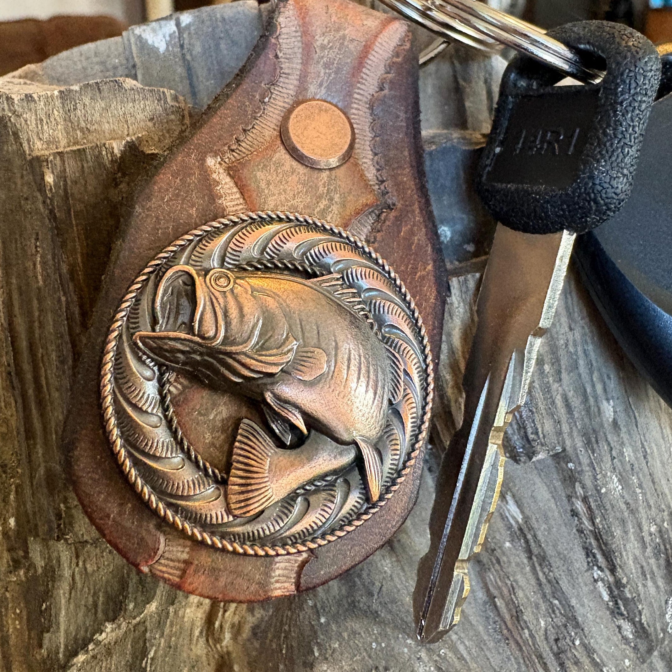 Large Mouth Bass Fishing Keychain, Handmade Leather Key Ring