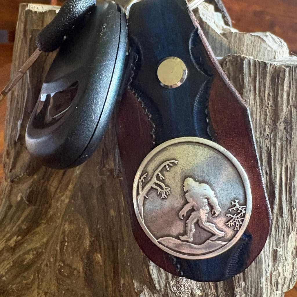 Sasquatch Handmade Leather Keychain: Tooled Bigfoot Accessory Brown and Blue