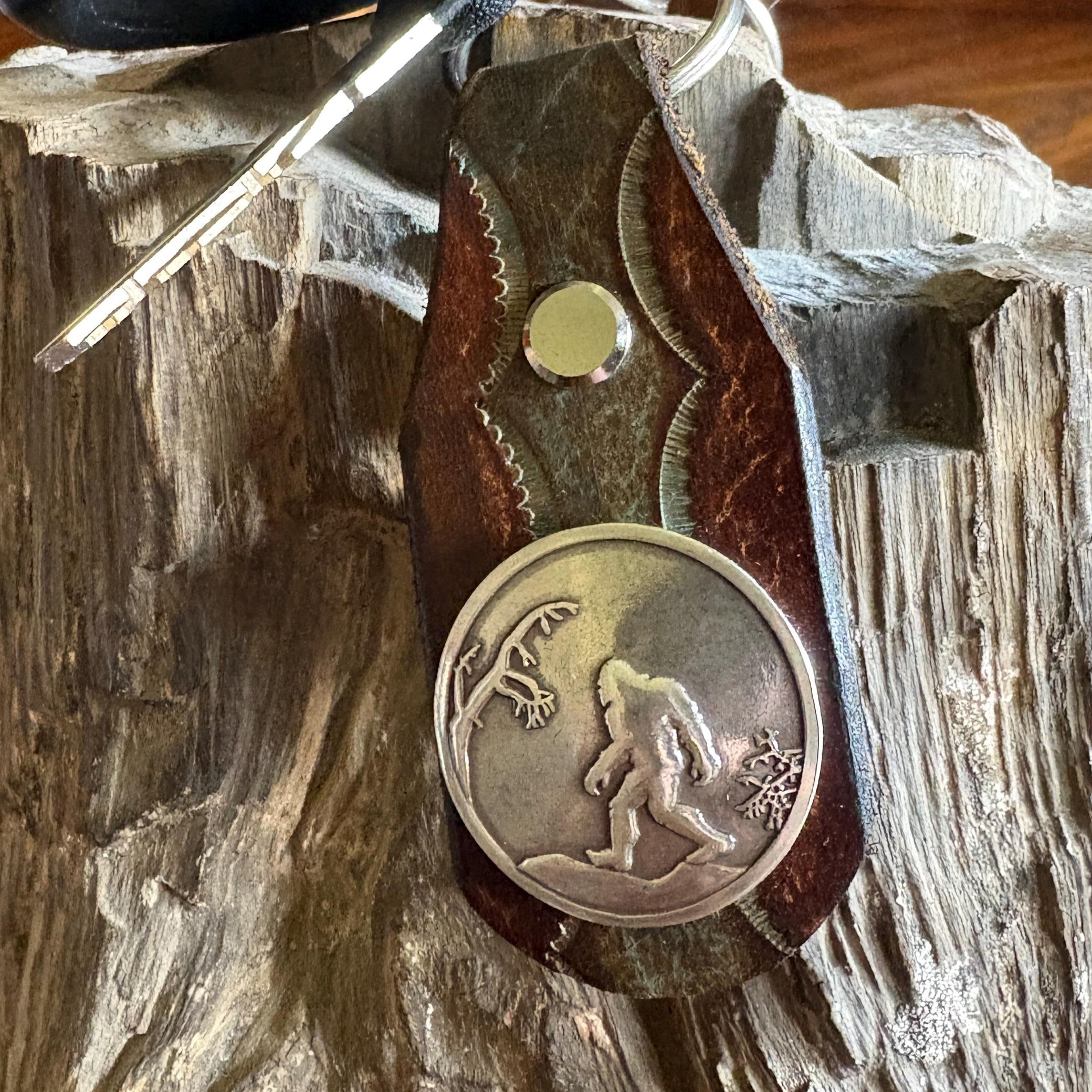 Sasquatch Handmade Leather Keychain: Tooled Bigfoot Accessory Turquoise Brown