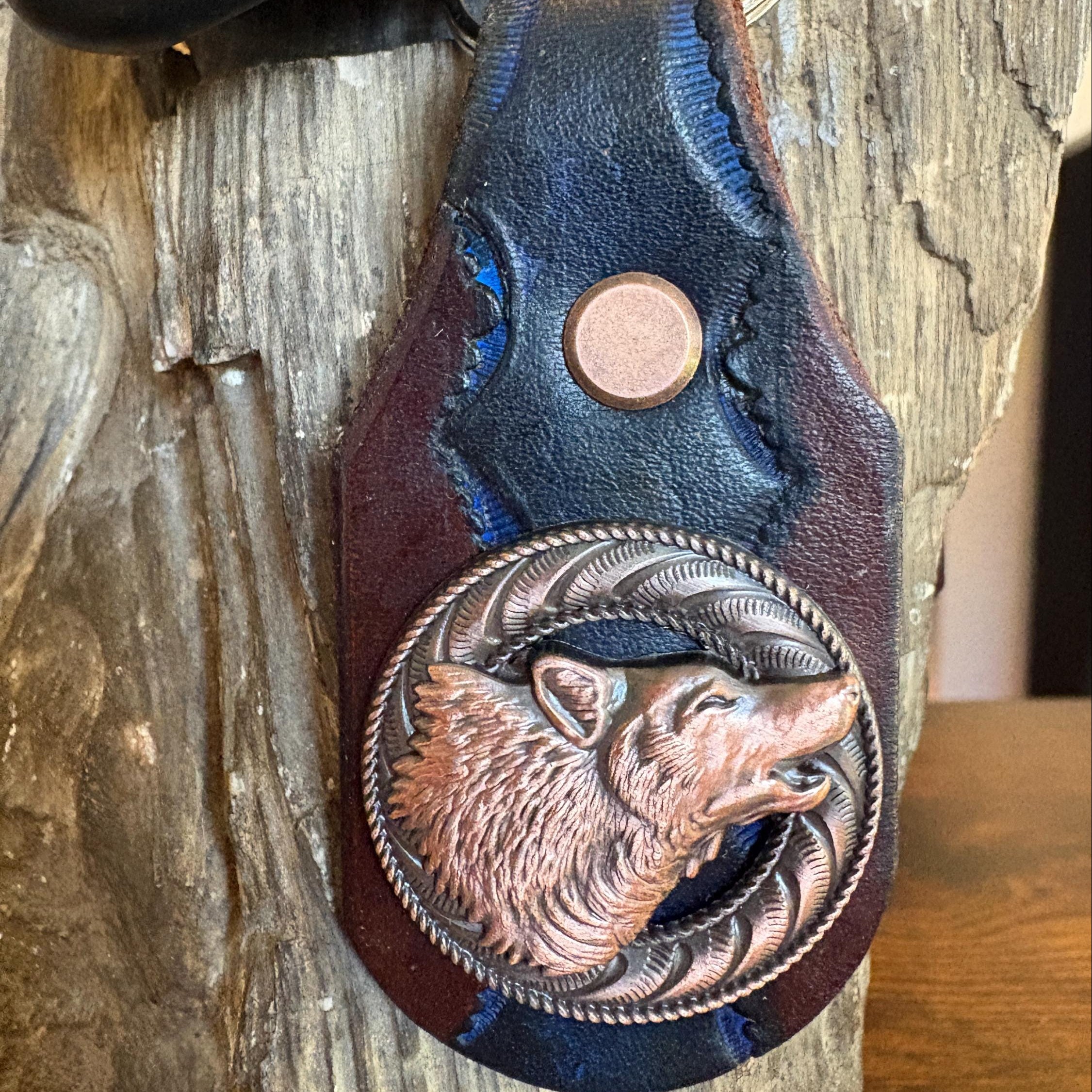 Handmade Leather Keychain, Howling Wolf Concho, Antique Copper Finish, Wildlife Gift