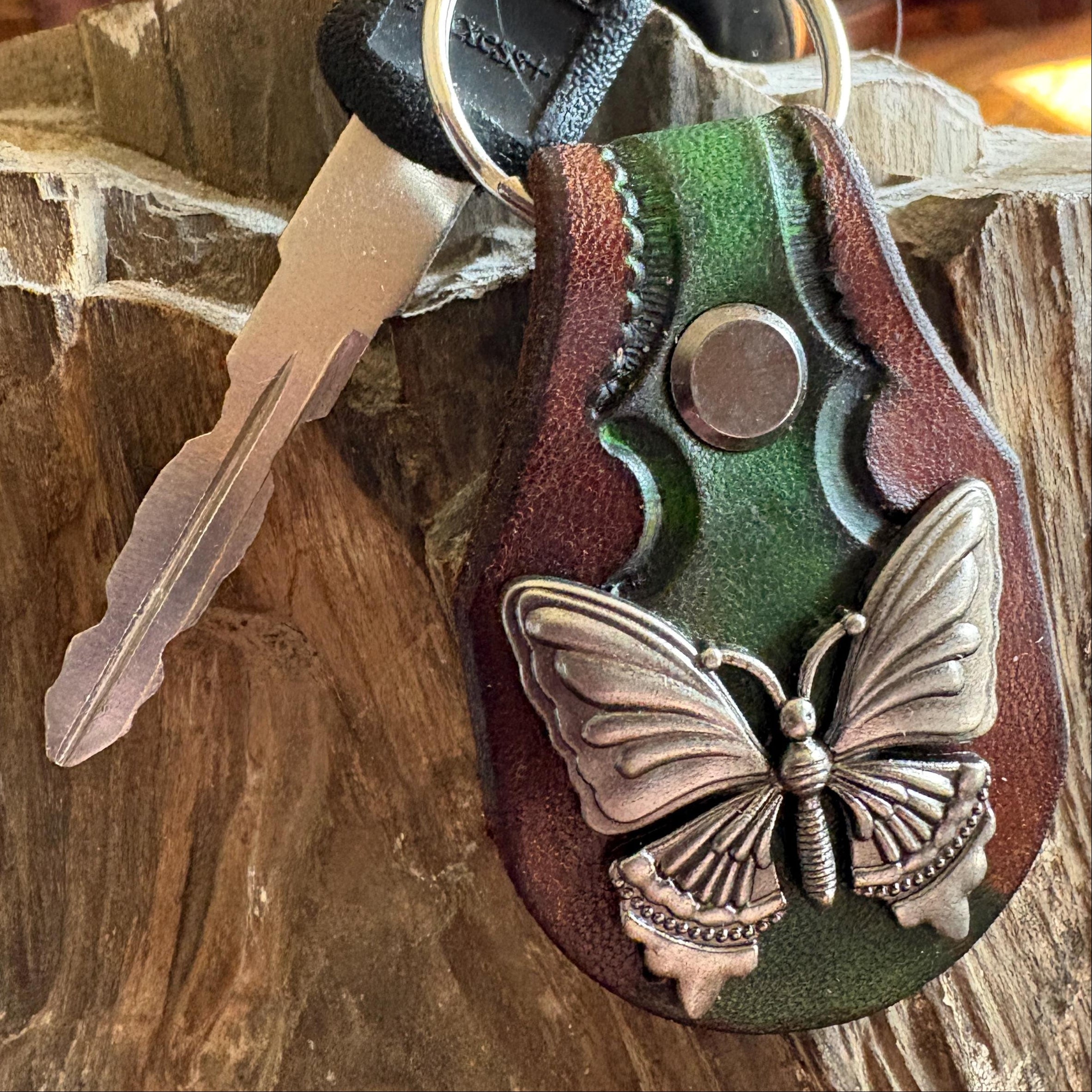 Butterfly keychain: Green Handmade Leather Key Fob