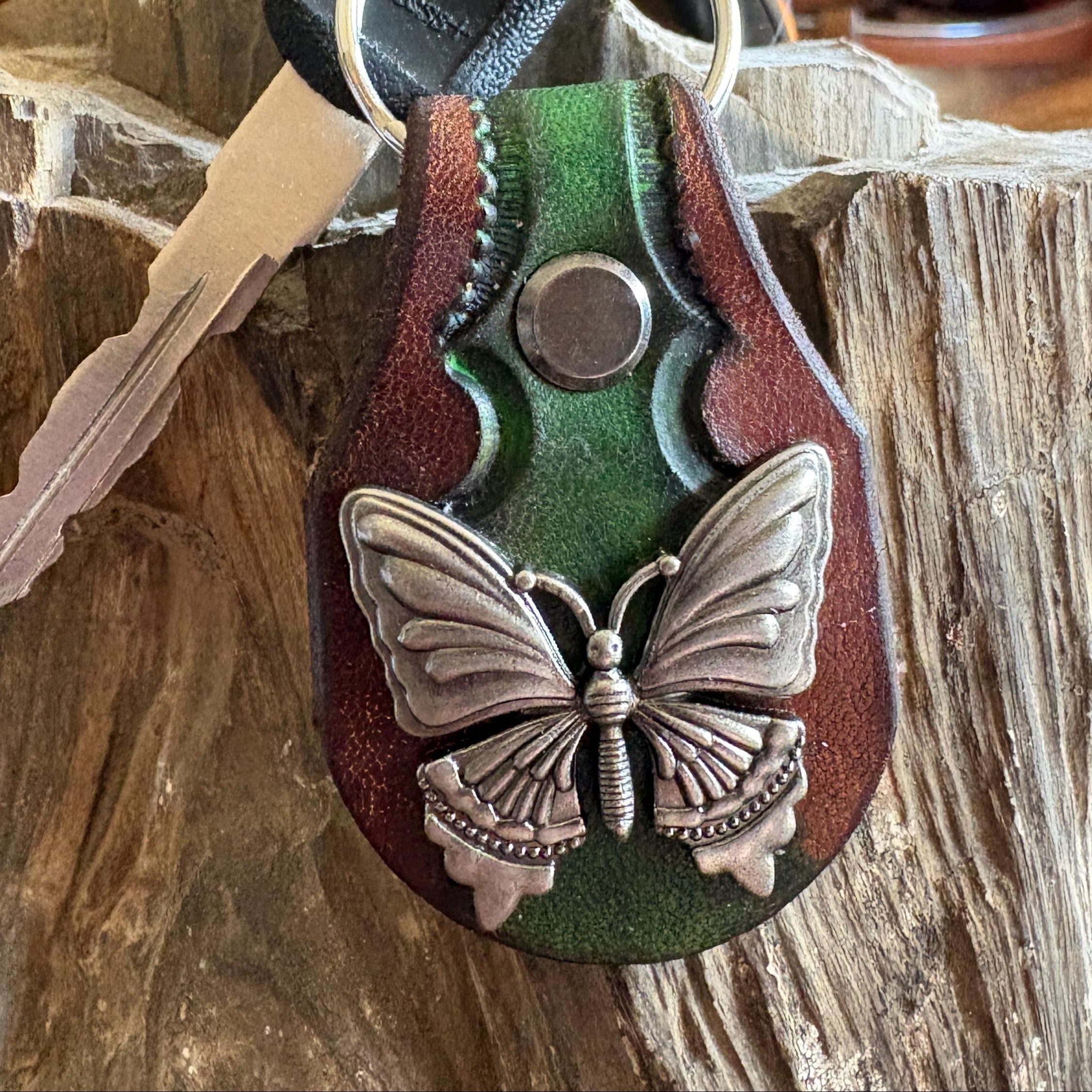 Butterfly keychain: Green Handmade Leather Key Fob