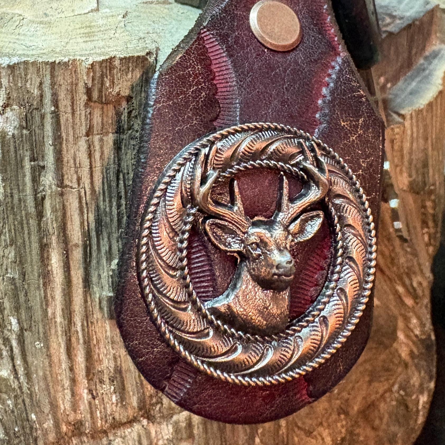 Deer Keychain: Antler, Wildlife, Handmade Leather Hunting Burgundy Brown Western Style Key Fob