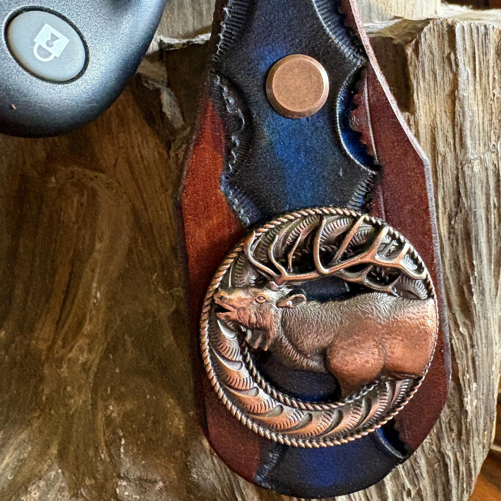 Leather Elk Keychain: Hand Tooled Leather Key Fob, Copper Elk Concho, Western Style