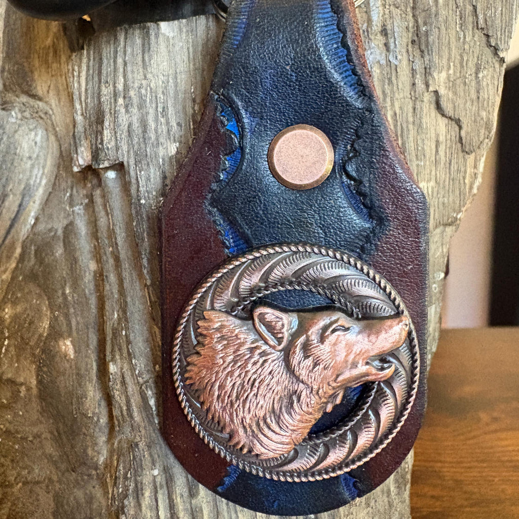 Handmade Leather Keychain, Howling Wolf Concho, Antique Copper Finish, Wildlife Gift