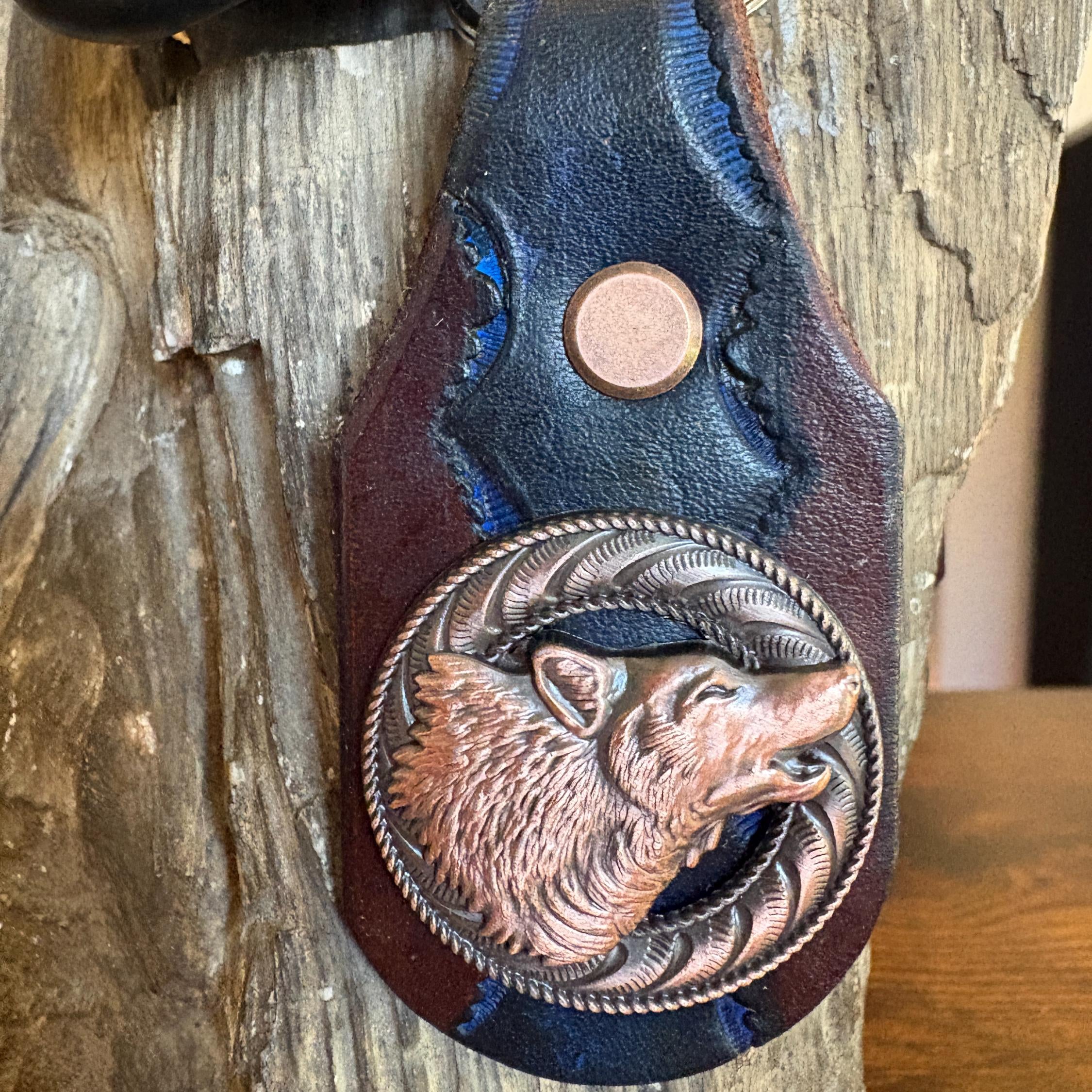 Handmade Leather Keychain, Howling Wolf Concho, Antique Copper Finish, Wildlife Gift