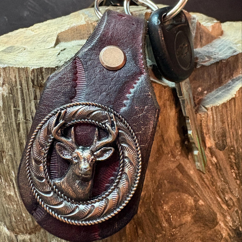 Deer Keychain: Antler, Wildlife, Handmade Leather Hunting Burgundy Brown Western Style Key Fob