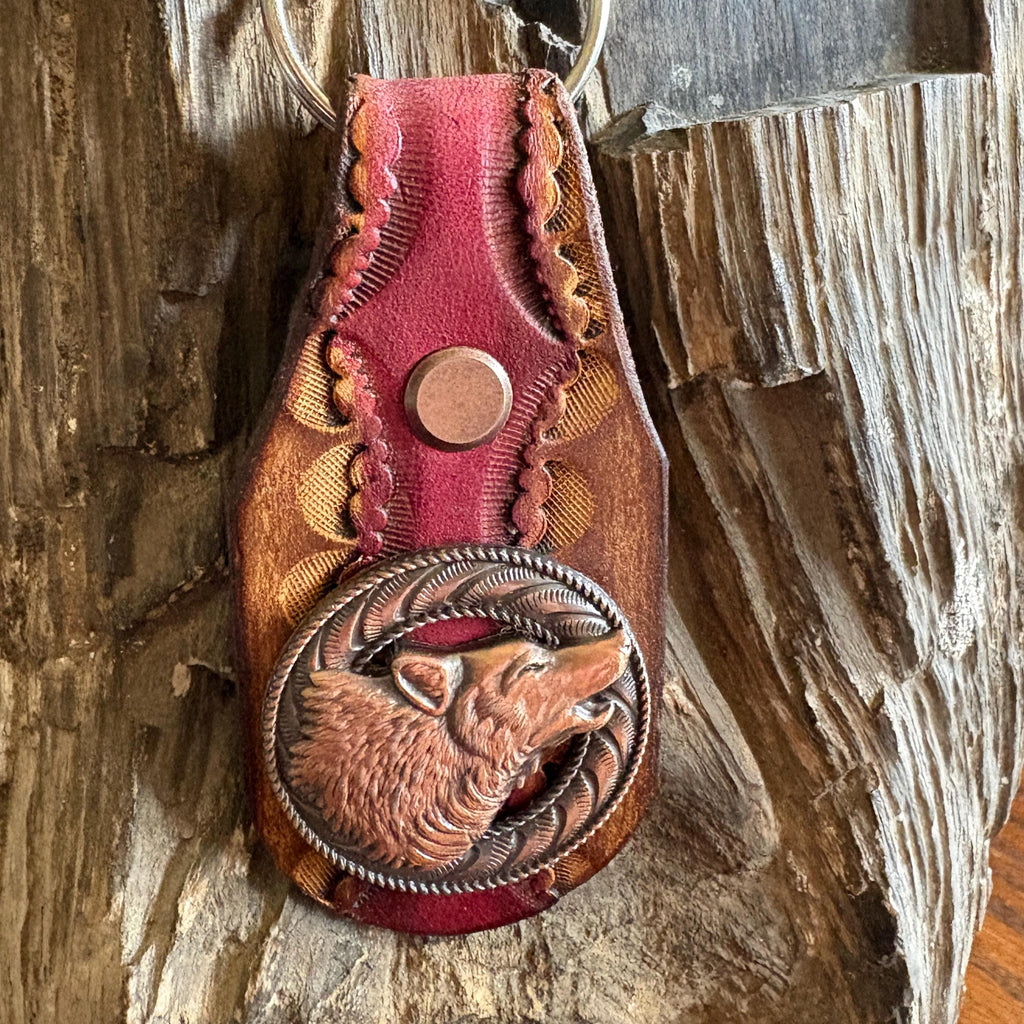 Handmade Leather Wolf Keychain: Howling Wolf Concho, Antique Copper