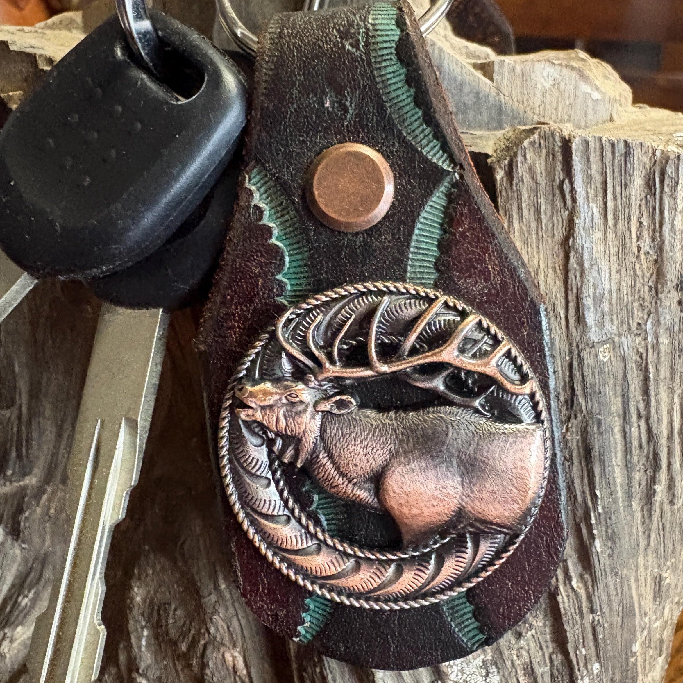 Elk Keychain: Handmade Tooled Leather, Copper Concho, Western Style, Stagg