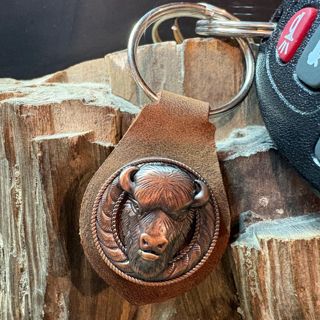 Buffalo Keychain, Western Brown Leather Accessory, Bison Leather Keychain, Bison, Buffalo, Handmade Keychain