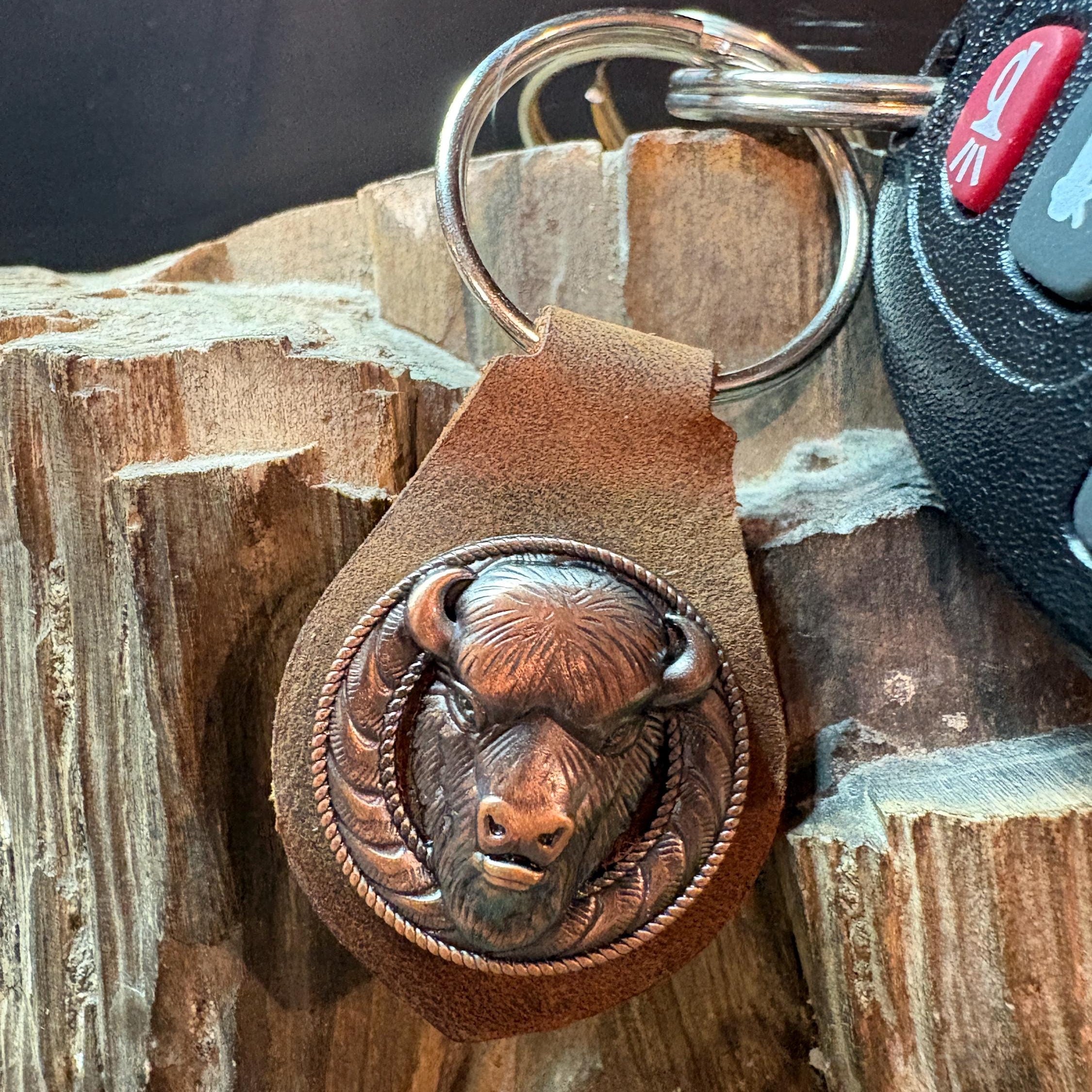 Buffalo Keychain, Western Brown Leather Accessory, Bison Leather Keychain, Bison, Buffalo, Handmade Keychain
