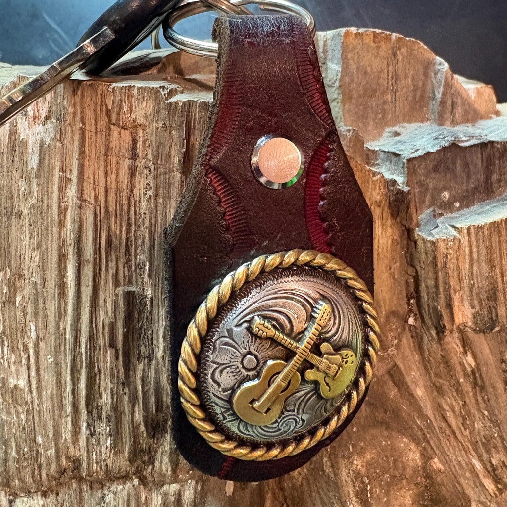Handmade Tooled Leather Guitar Keychain: Burgundy, Brown, Western Style Fob