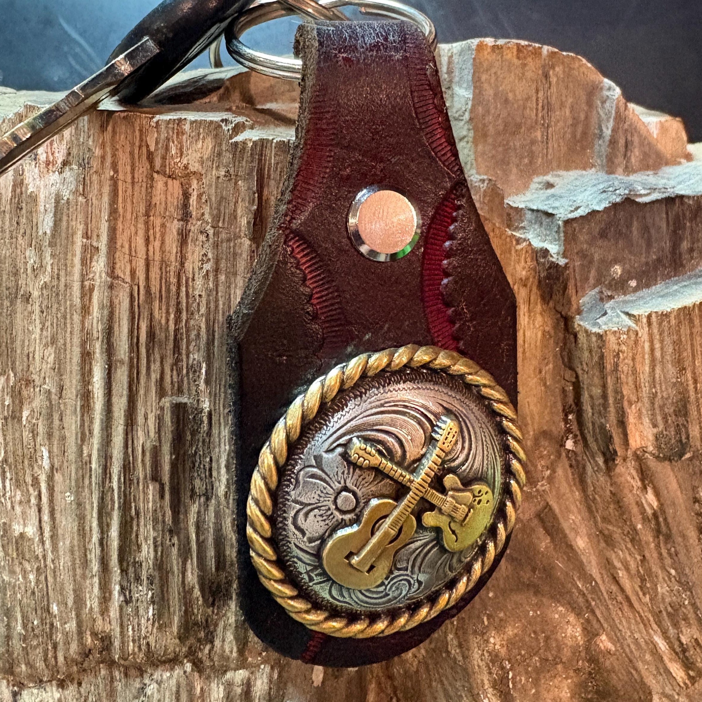 Handmade Tooled Leather Guitar Keychain: Burgundy, Brown, Western Style Fob