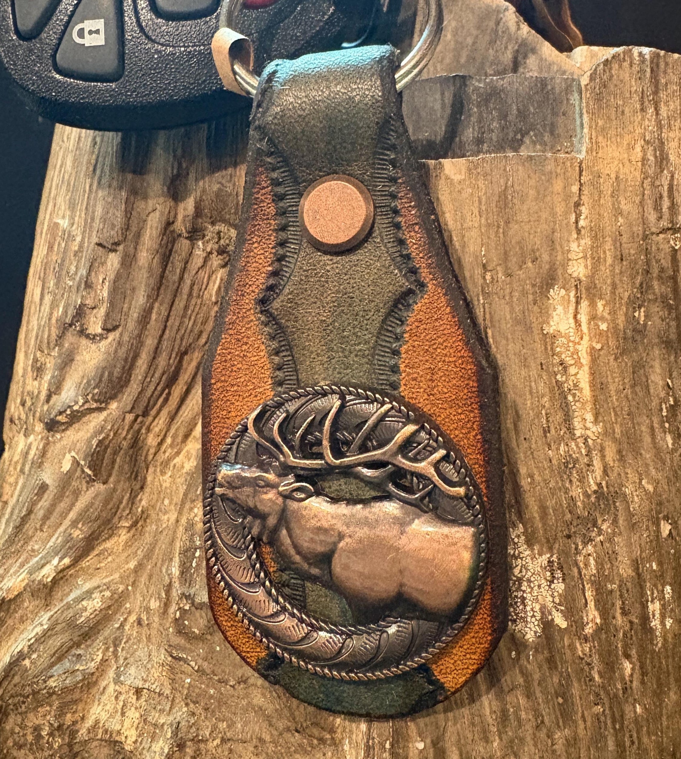 Elk Keychain: Handmade Tooled Leather, Copper Concho, Western Style, Stagg