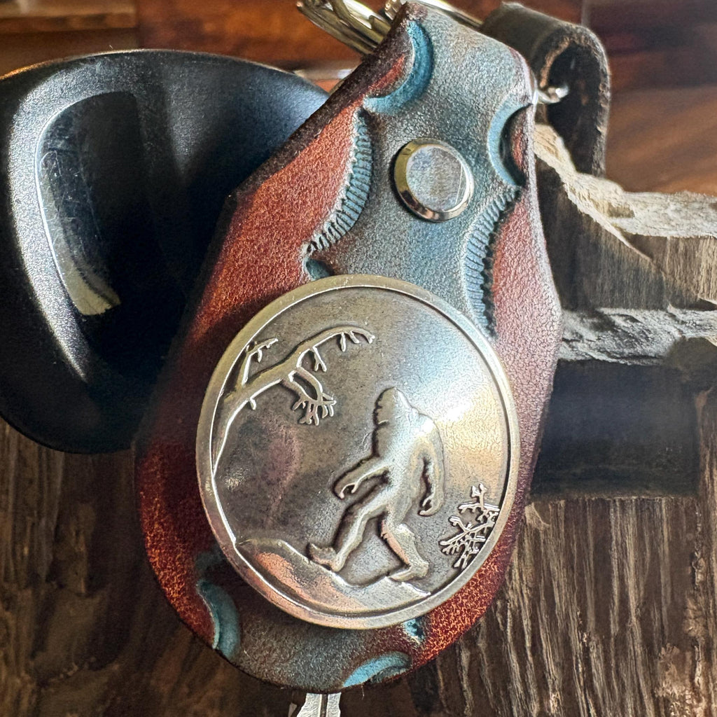 Sasquatch Handmade Leather Keychain: Tooled Bigfoot Accessory Brown and Turquoise