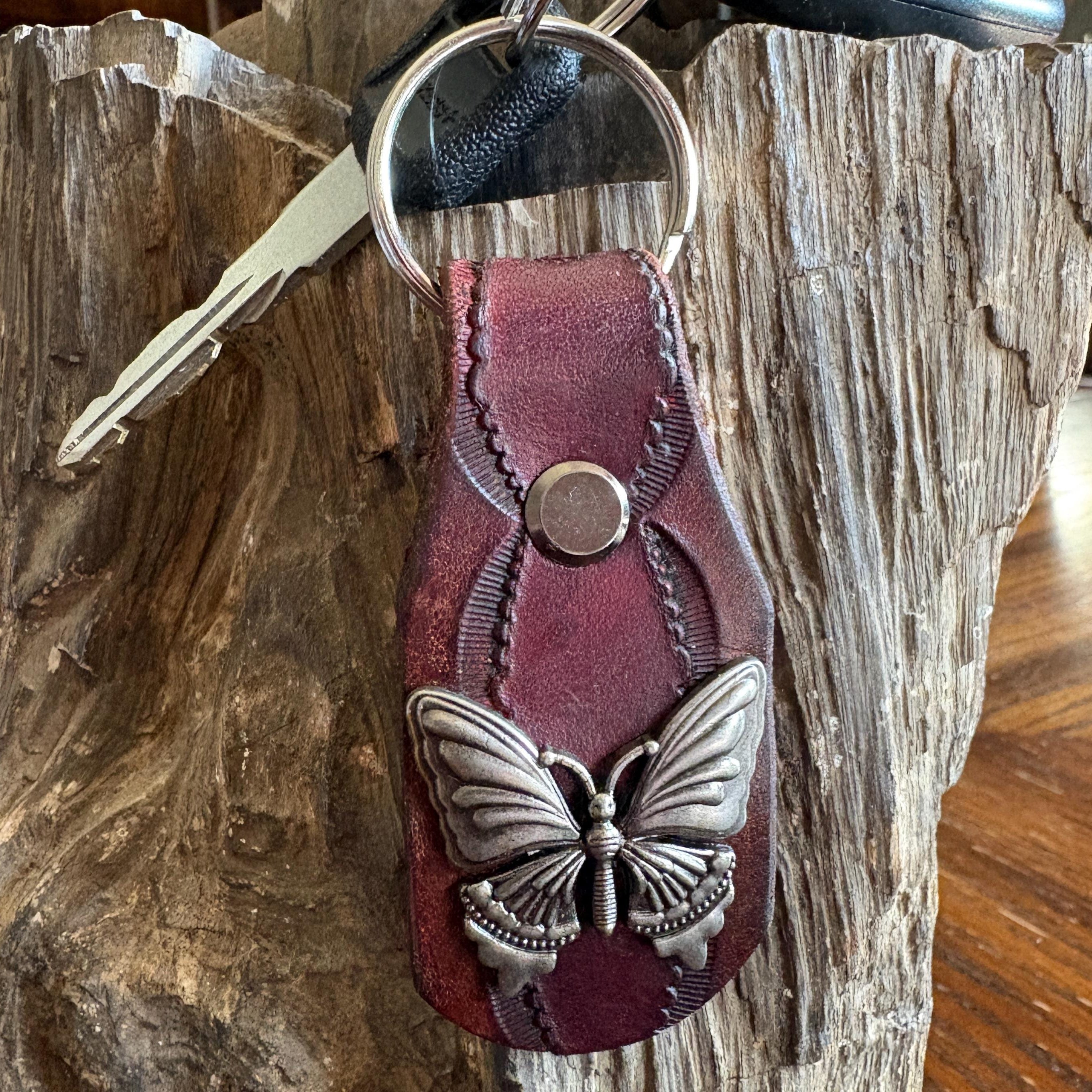 Butterfly keychain: Maroon Handmade Leather Key Fob