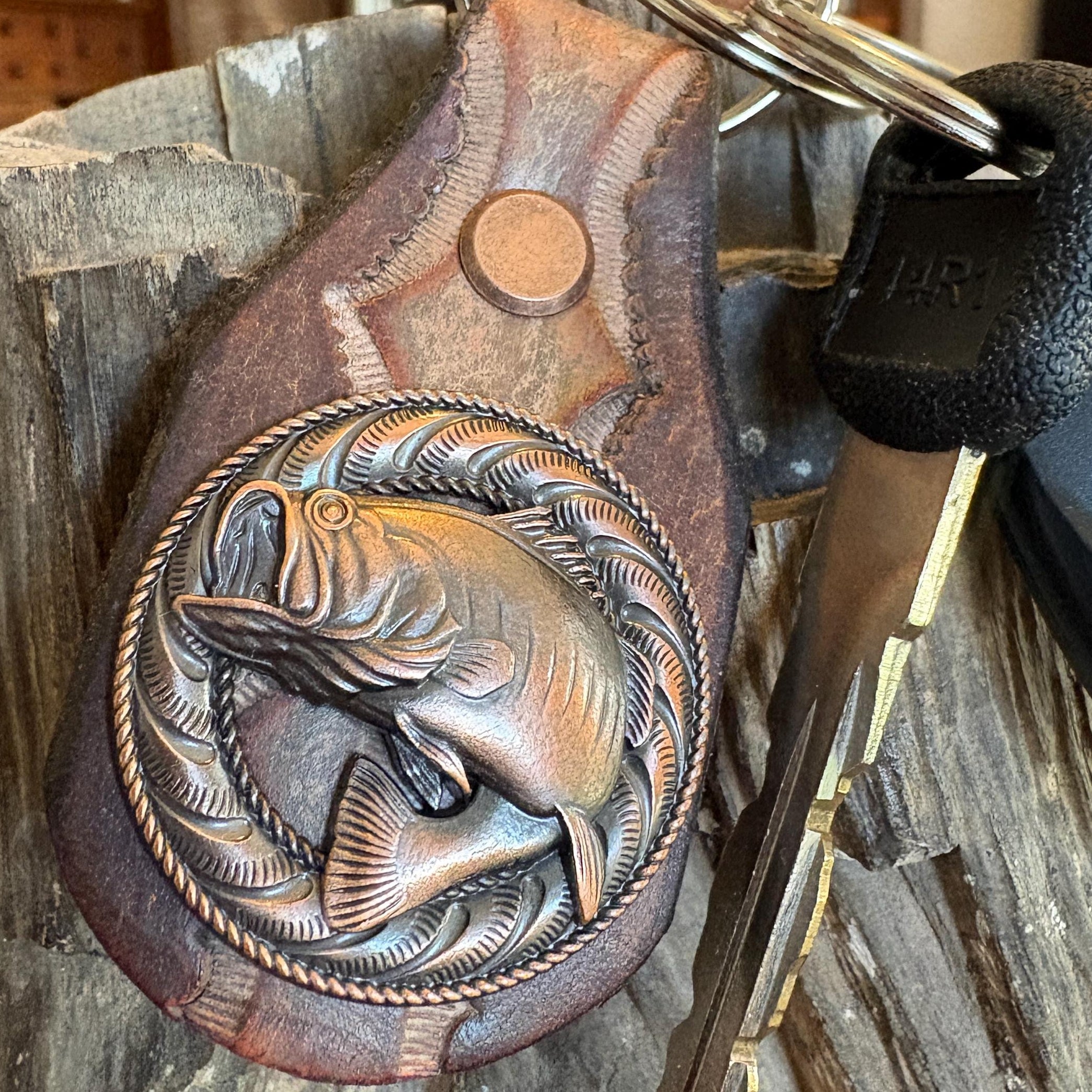 Large Mouth Bass Fishing Keychain, Handmade Leather Key Ring