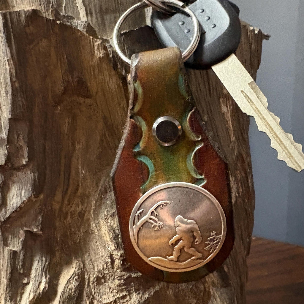 Bigfoot Keychain: Handmade Hand Tooled Sasquatch Leather Key Fob