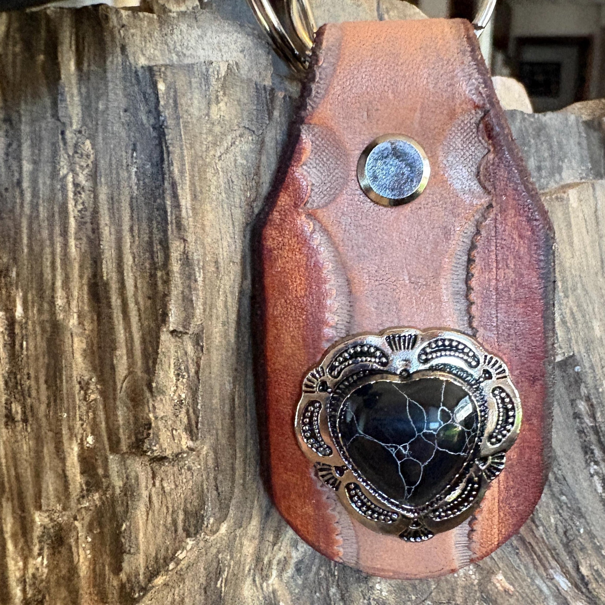 Heart keychain, handmade leather key fob, gift for her, concho, Black Stone