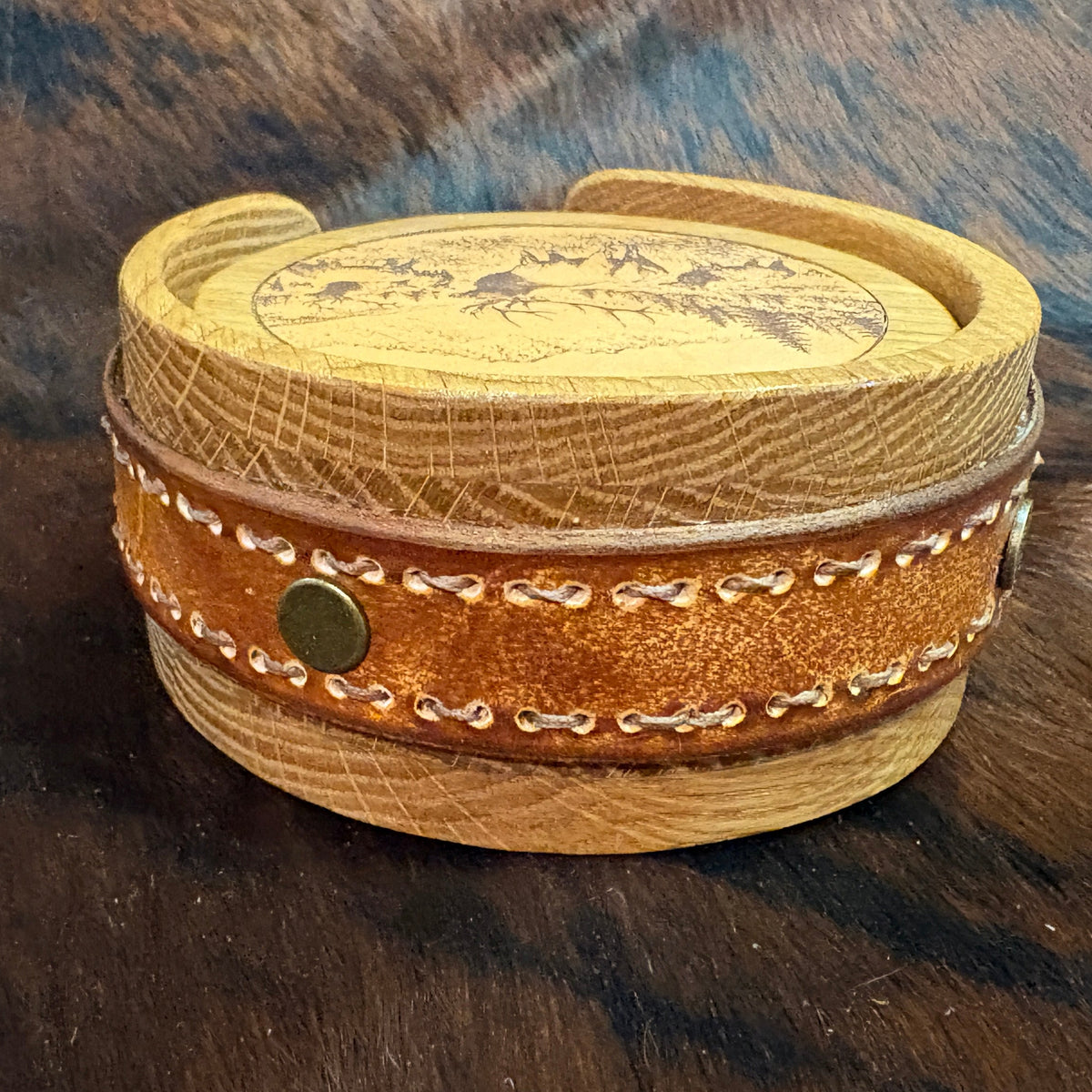 Handmade Rustic Oak & Leather Coaster Set, 4 Piece Set