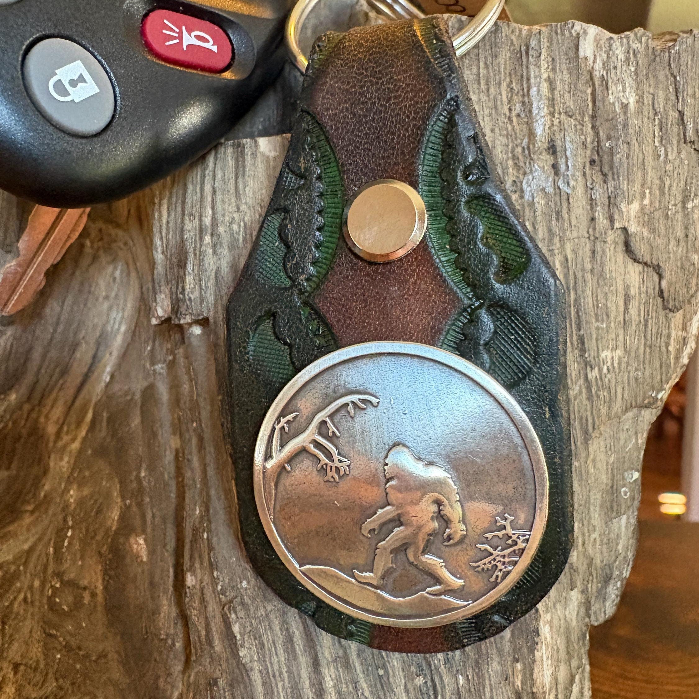 Handmade Leather Sasquatch Keychain: Tooled Bigfoot Accessory