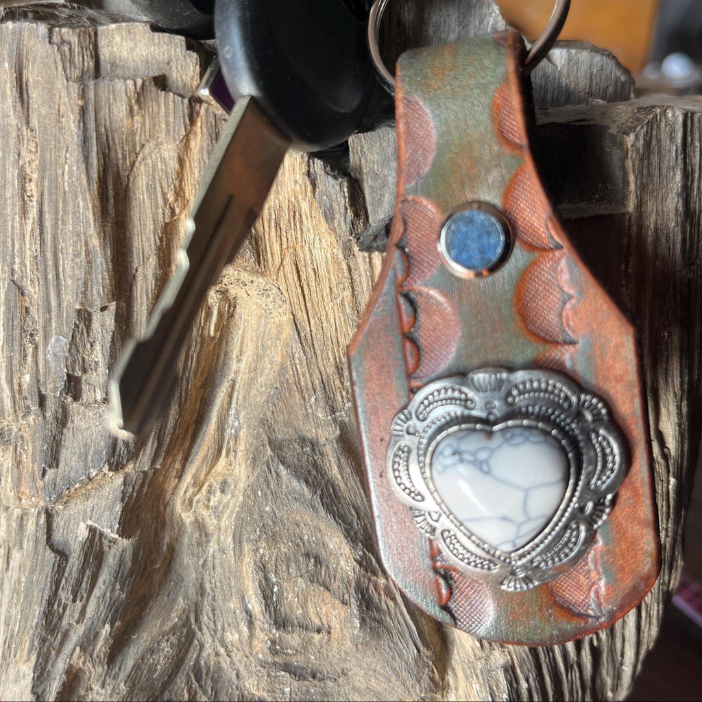 Heart Keychain: White Turquoise Handmade Leather Keychain Key Fob