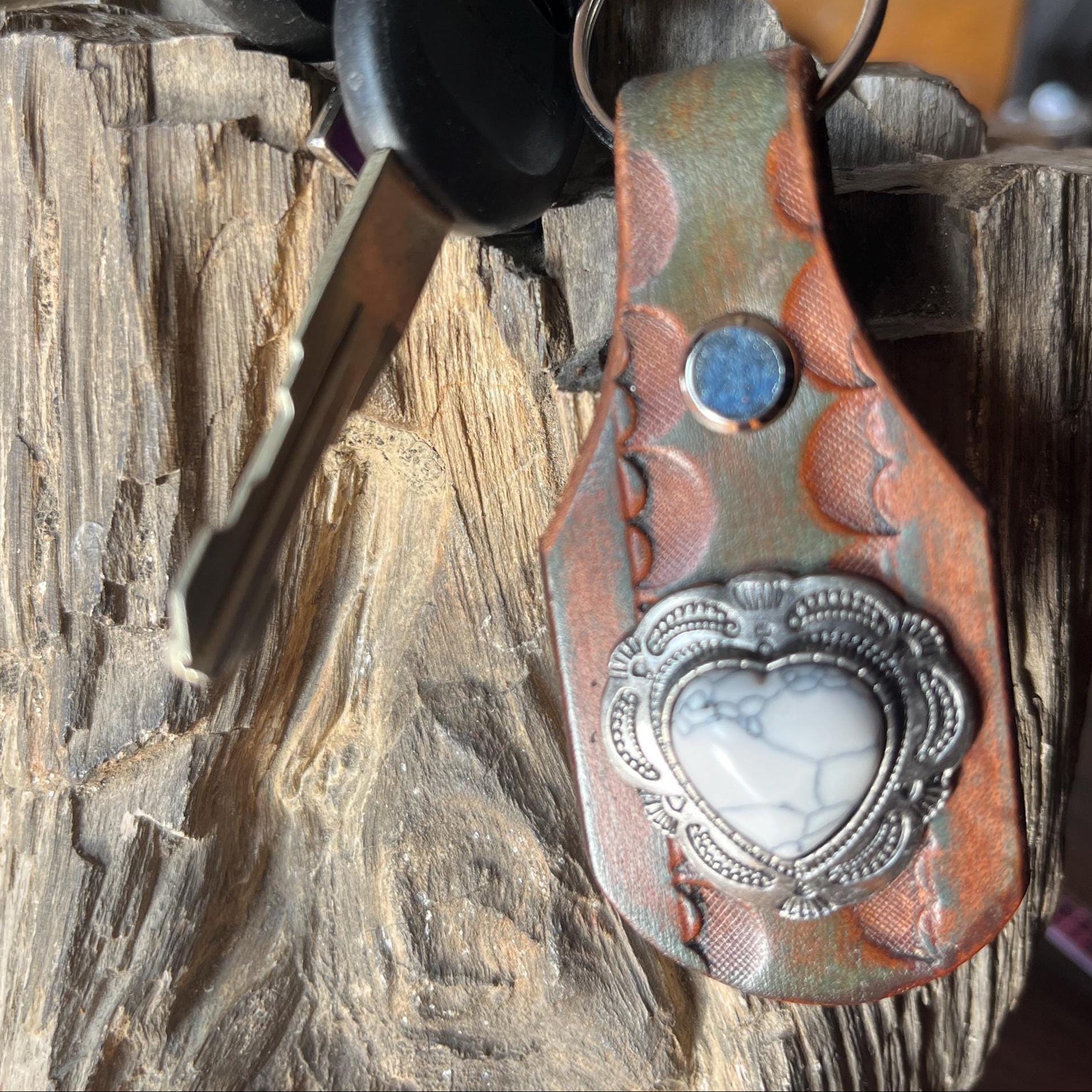 Heart Keychain: White Turquoise Handmade Leather Keychain Key Fob