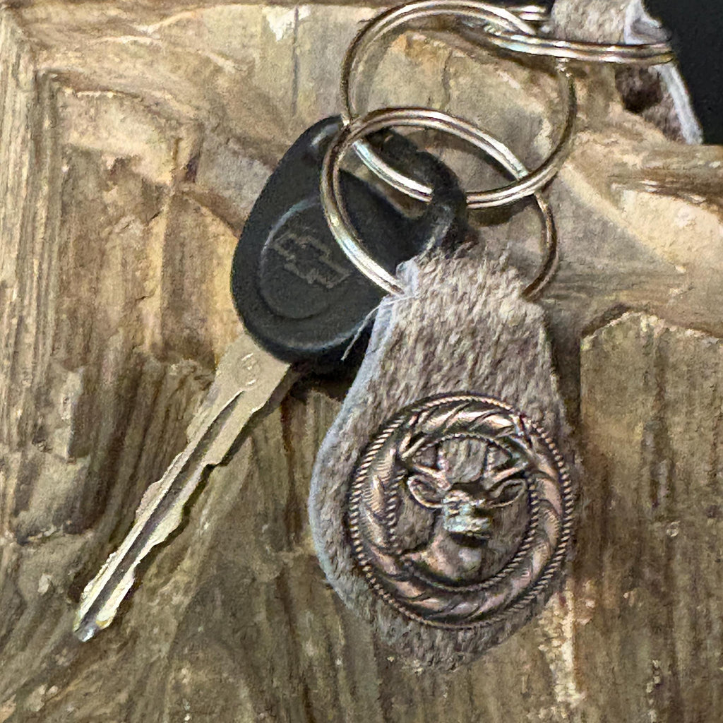 Handmade Hair-on Hide Leather Keychain with Deer Concho, Hunting Accessory