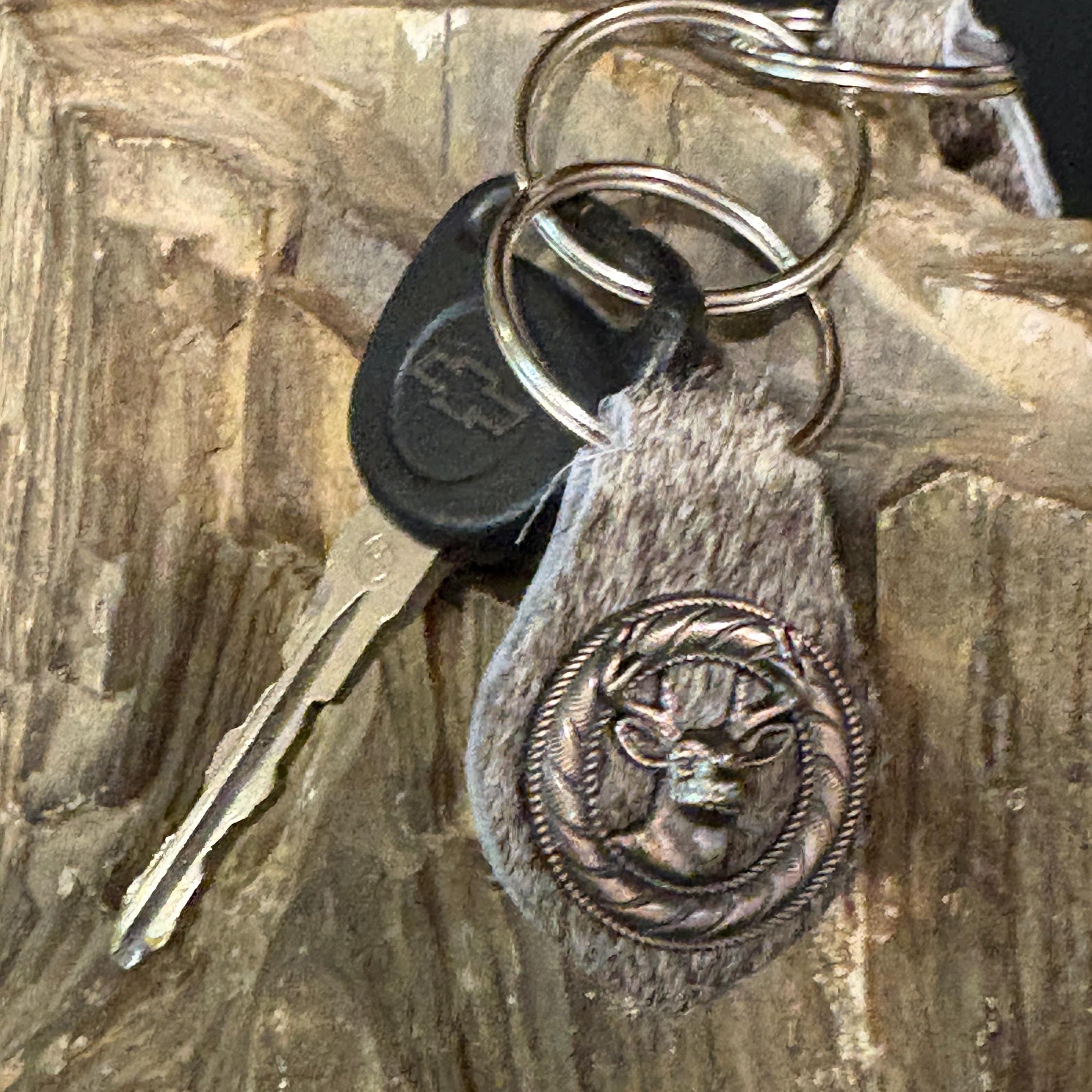 Handmade Hair-on Hide Leather Keychain with Deer Concho, Hunting Accessory