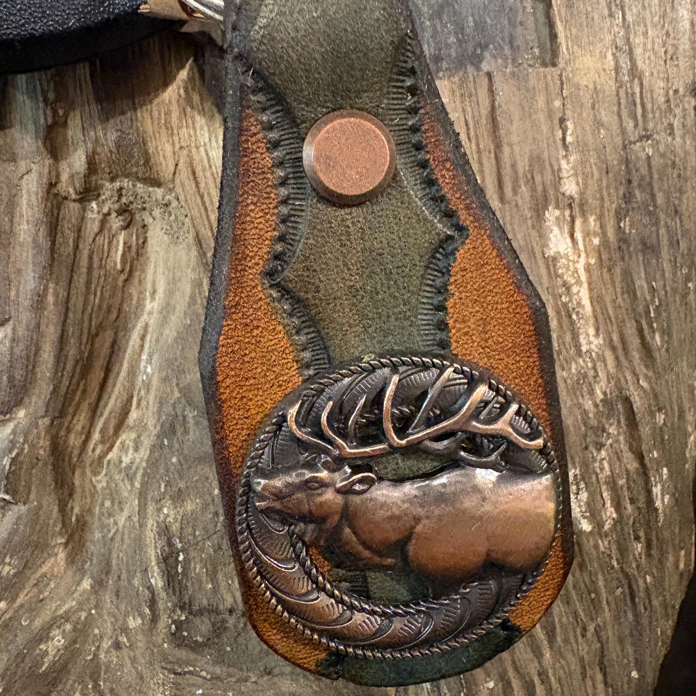 Elk Keychain: Handmade Tooled Leather, Copper Concho, Western Style, Stagg