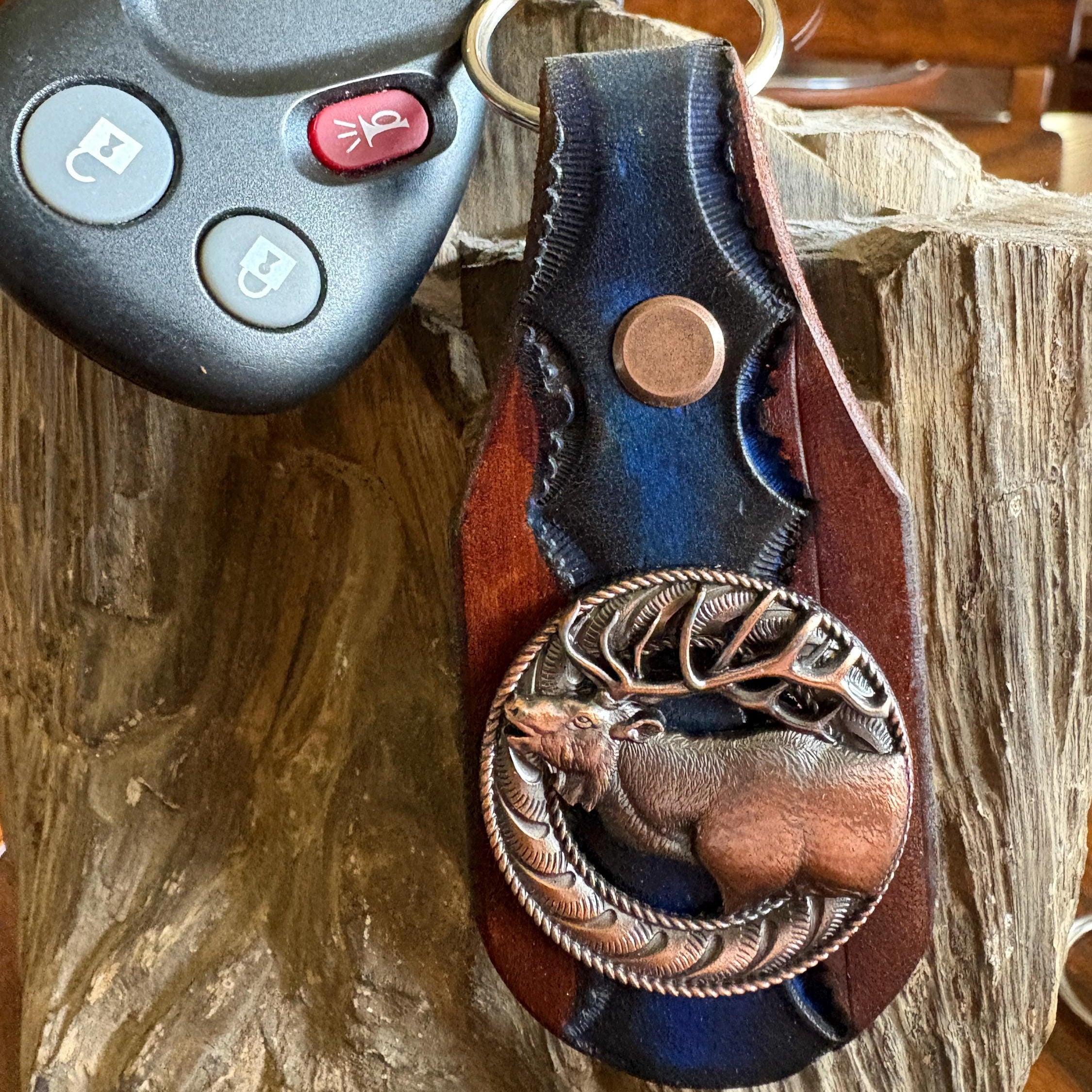 Leather Elk Keychain: Hand Tooled Leather Key Fob, Copper Elk Concho, Western Style