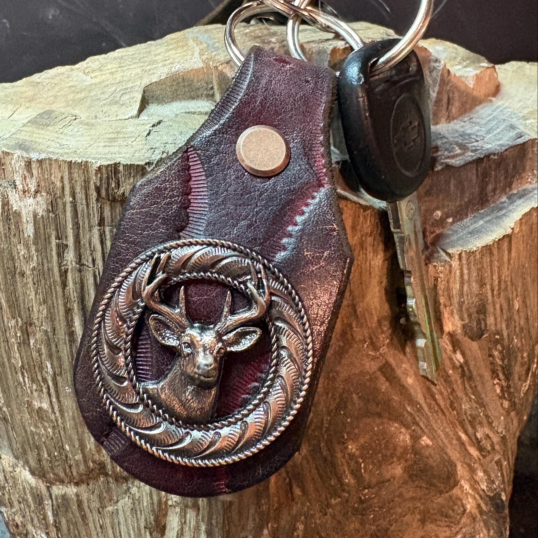 Deer Keychain: Antler, Wildlife, Handmade Leather Hunting Burgundy Brown Western Style Key Fob