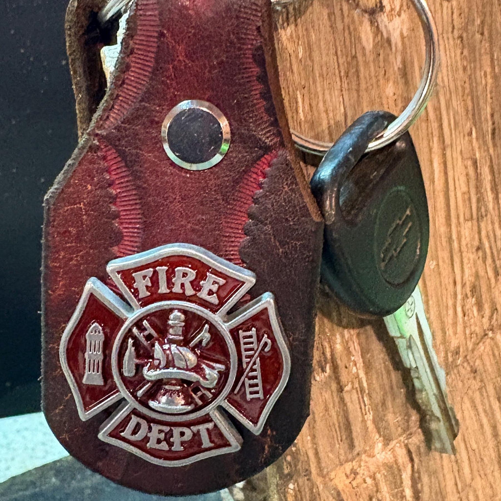 Fire Fighter Keychain: Handmade Leather Fireman Key Fob, First Responder Copper Concho, Western Style