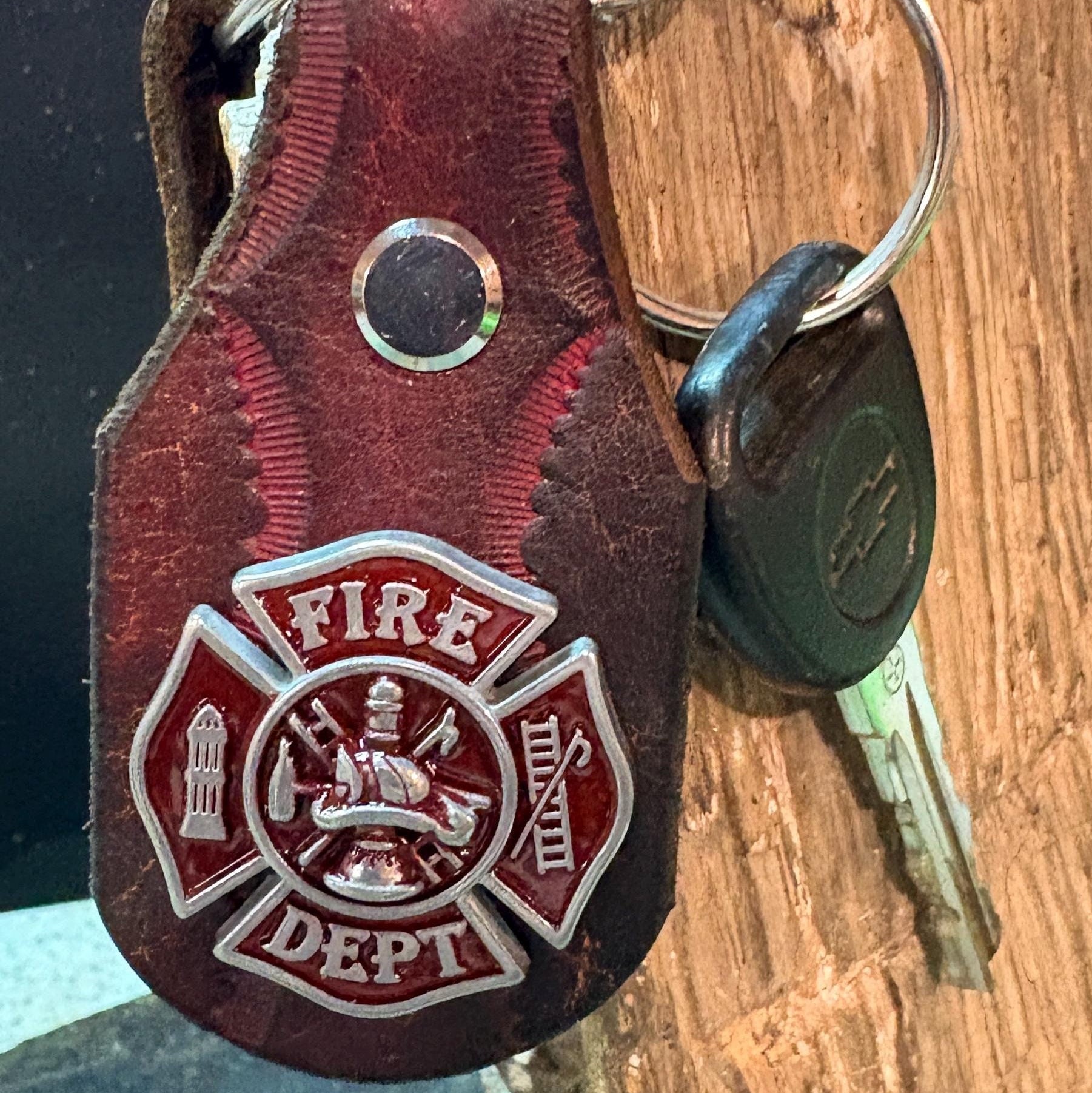 Fire Fighter Keychain: Handmade Leather Fireman Key Fob, First Responder Copper Concho, Western Style