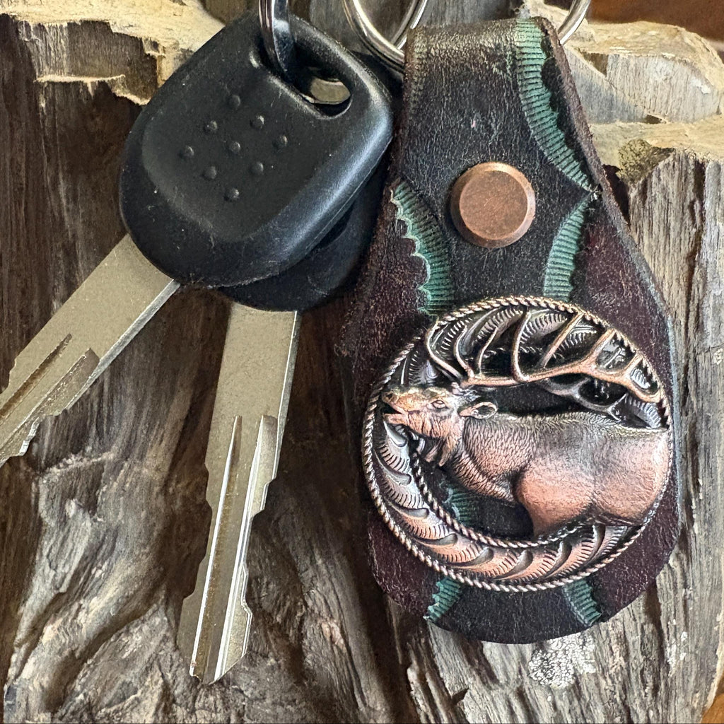 Elk Keychain: Handmade Tooled Leather, Copper Concho, Western Style, Stagg