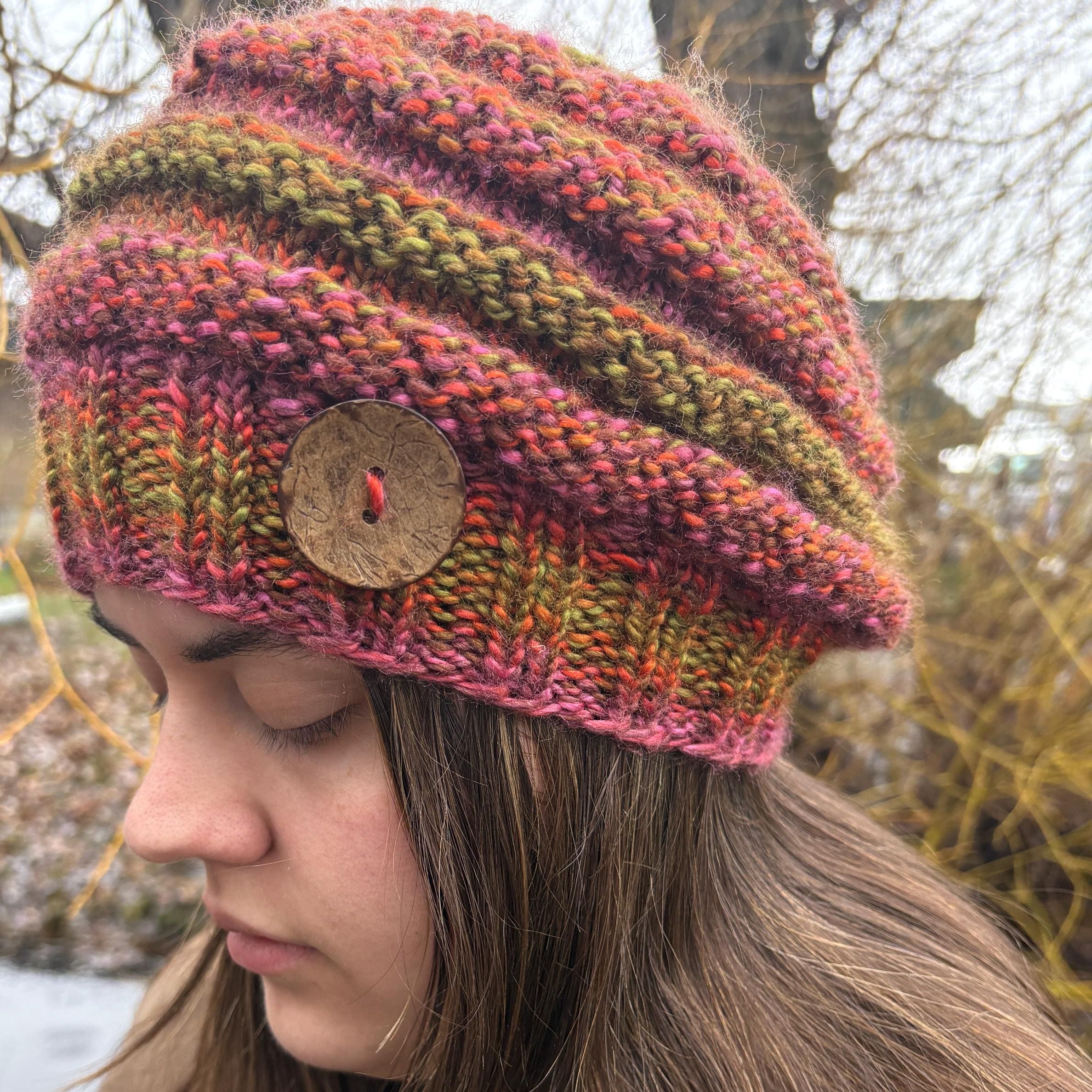 Boho Style Hat, Beret Style Hat, Knit Beret, Slouchy Hat, Multi Colored Hat, Button Hat