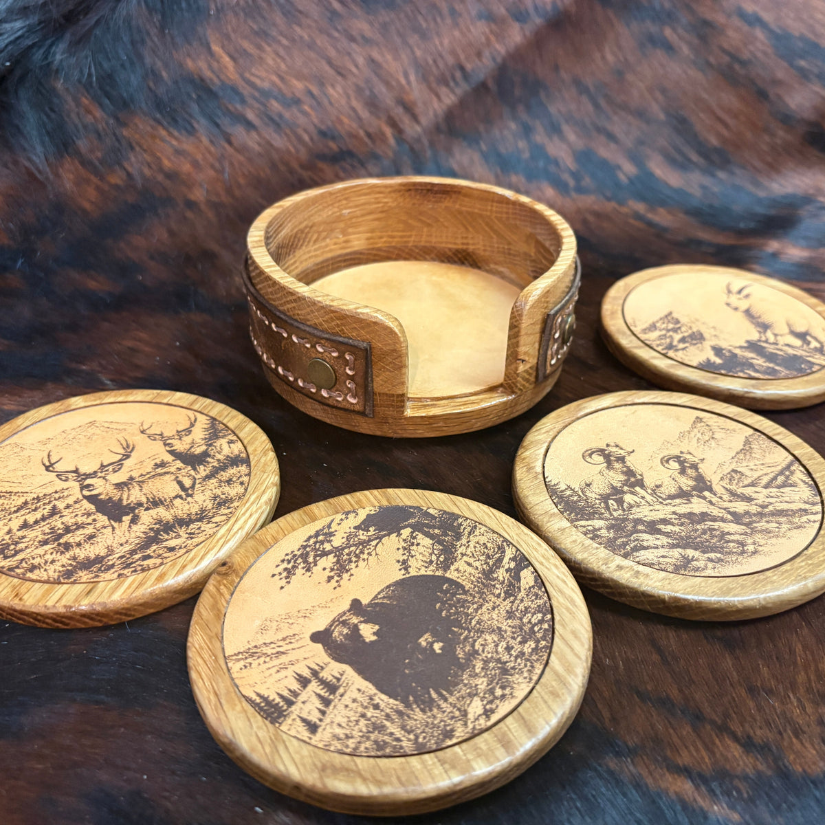 Handmade Rustic Oak & Leather Coaster Set, 4 Pieces