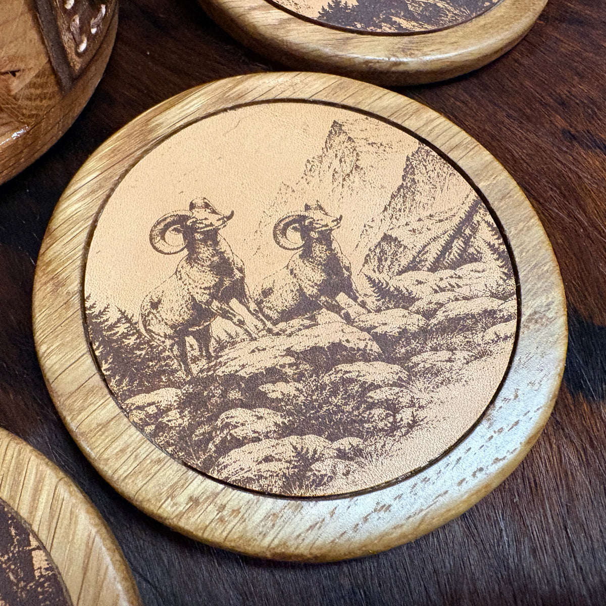 Handmade Rustic Oak & Leather Coaster Set, 4 Pieces