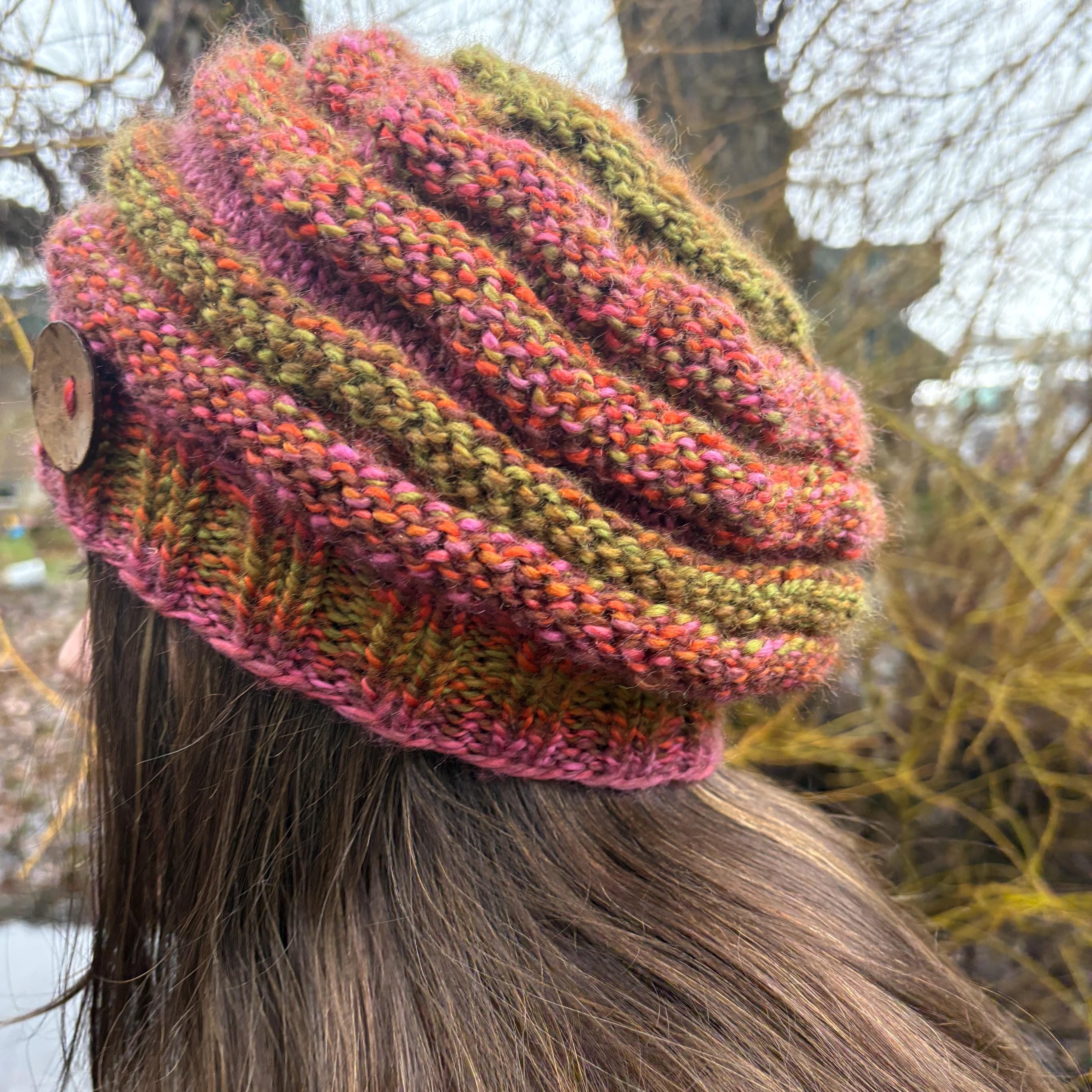 Boho Style Hat, Beret Style Hat, Knit Beret, Slouchy Hat, Multi Colored Hat, Button Hat