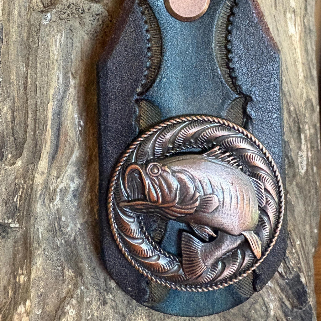 Large Mouth Bass Fishing Keychain, Charcoal Turquoise Concho Dad Gift