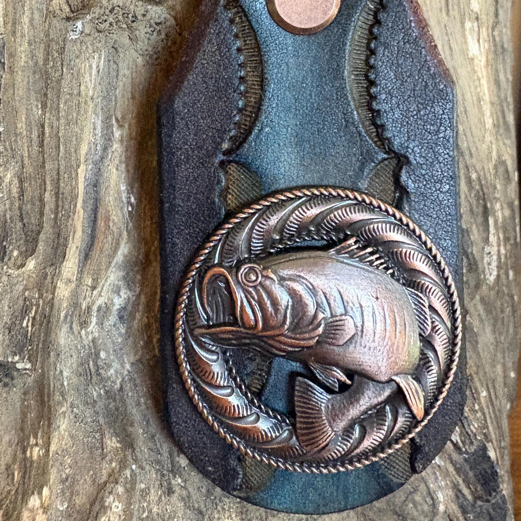 Large Mouth Bass Fishing Keychain, Charcoal Turquoise Concho Dad Gift