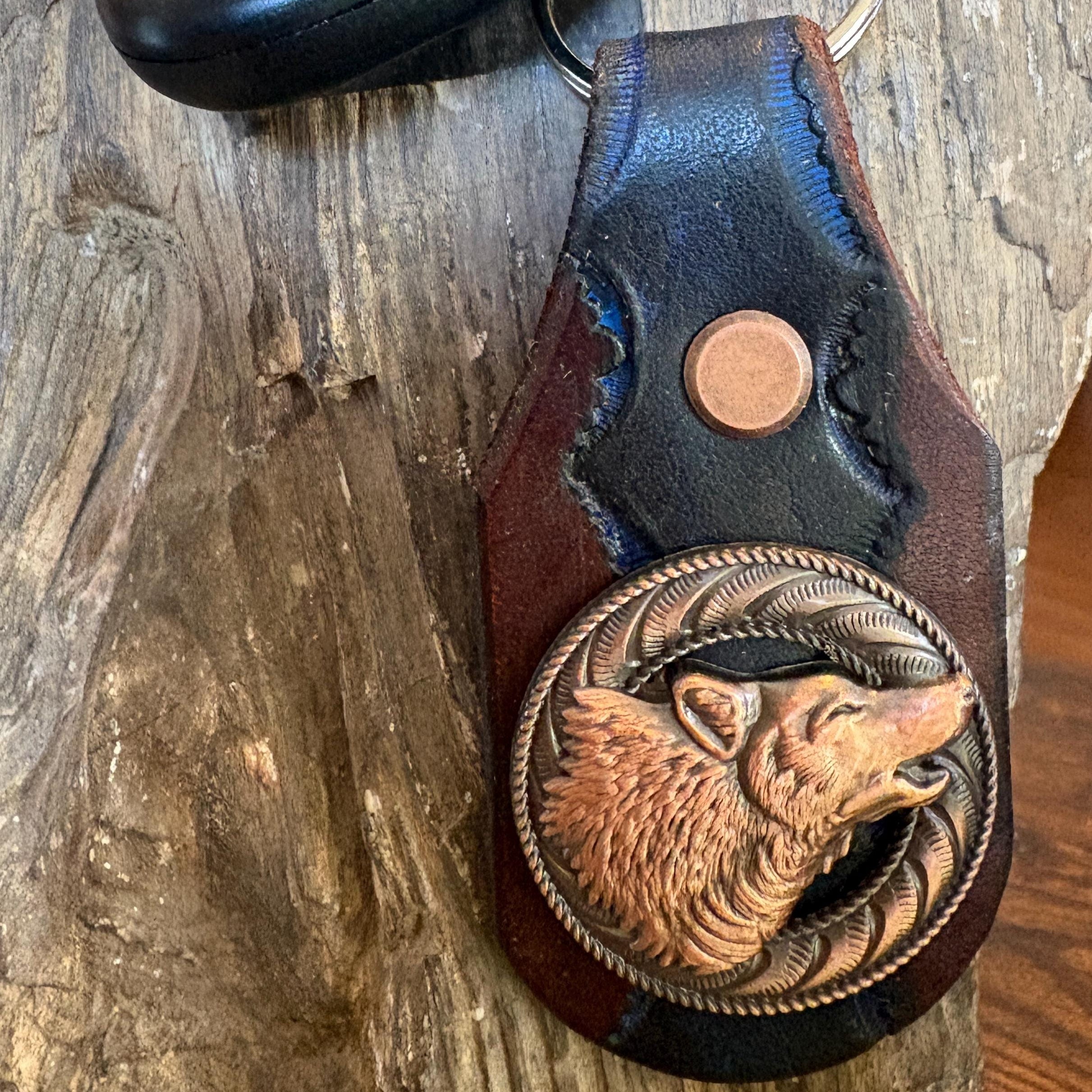 Handmade Leather Keychain, Howling Wolf Concho, Antique Copper Finish, Wildlife Gift