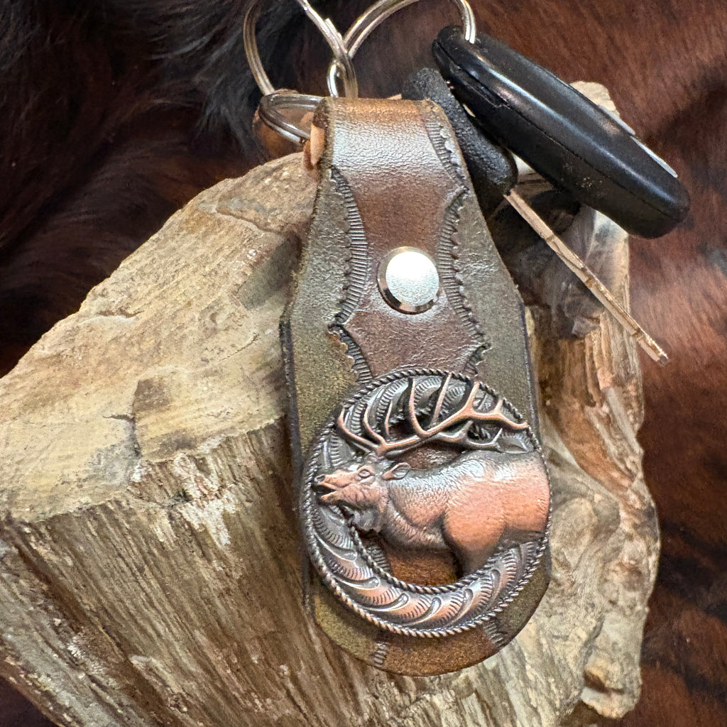 Elk Keychain: Handmade Tooled Leather, Copper Concho, Western Style, Stagg