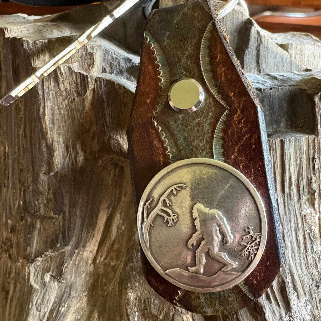 Sasquatch Handmade Leather Keychain: Tooled Bigfoot Accessory Turquoise Brown