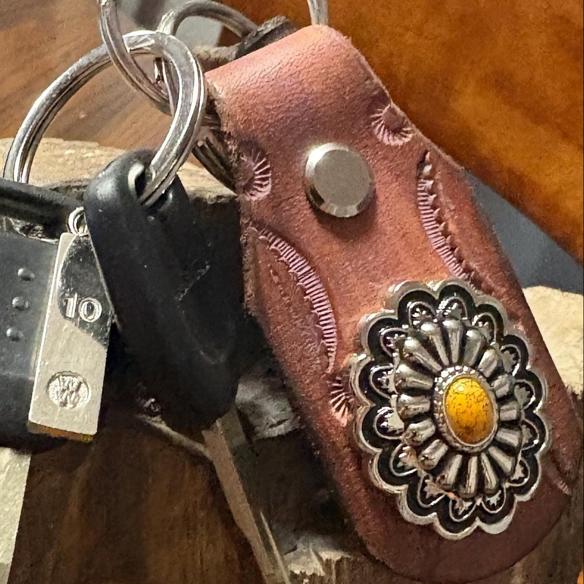 Floral Keychain: Handmade Leather Floral Keychain, Brown and Pink Flower Key Fob