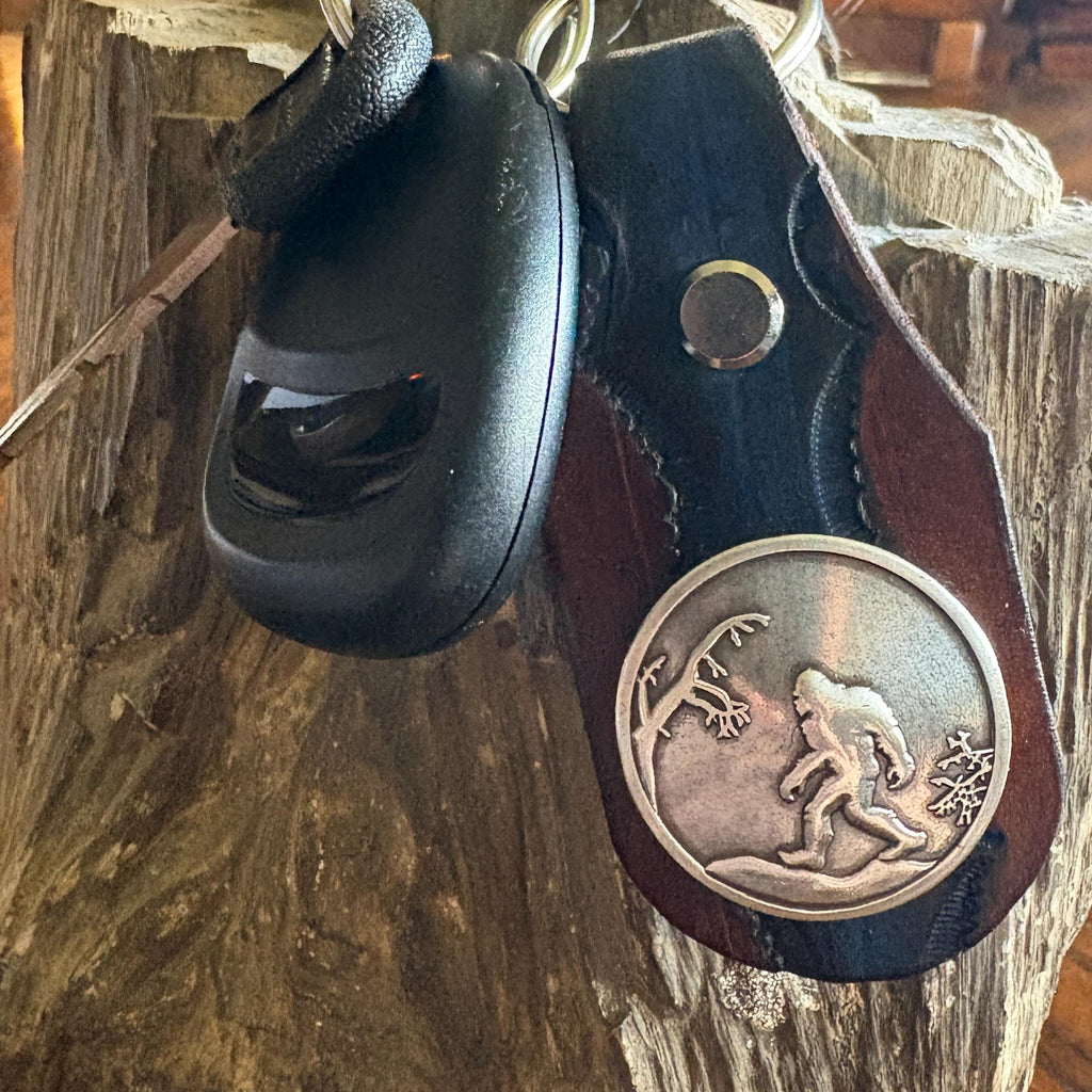 Sasquatch Handmade Leather Keychain: Tooled Bigfoot Accessory Brown and Blue