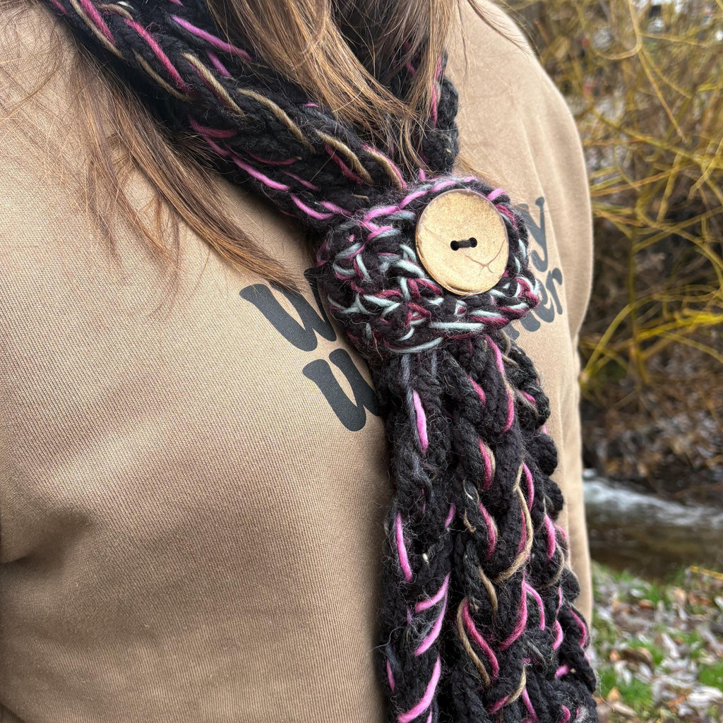 Black Button Infinity Scarf, Hot Pink Grey Blend Chunky Knit, Boho Rope Scarf