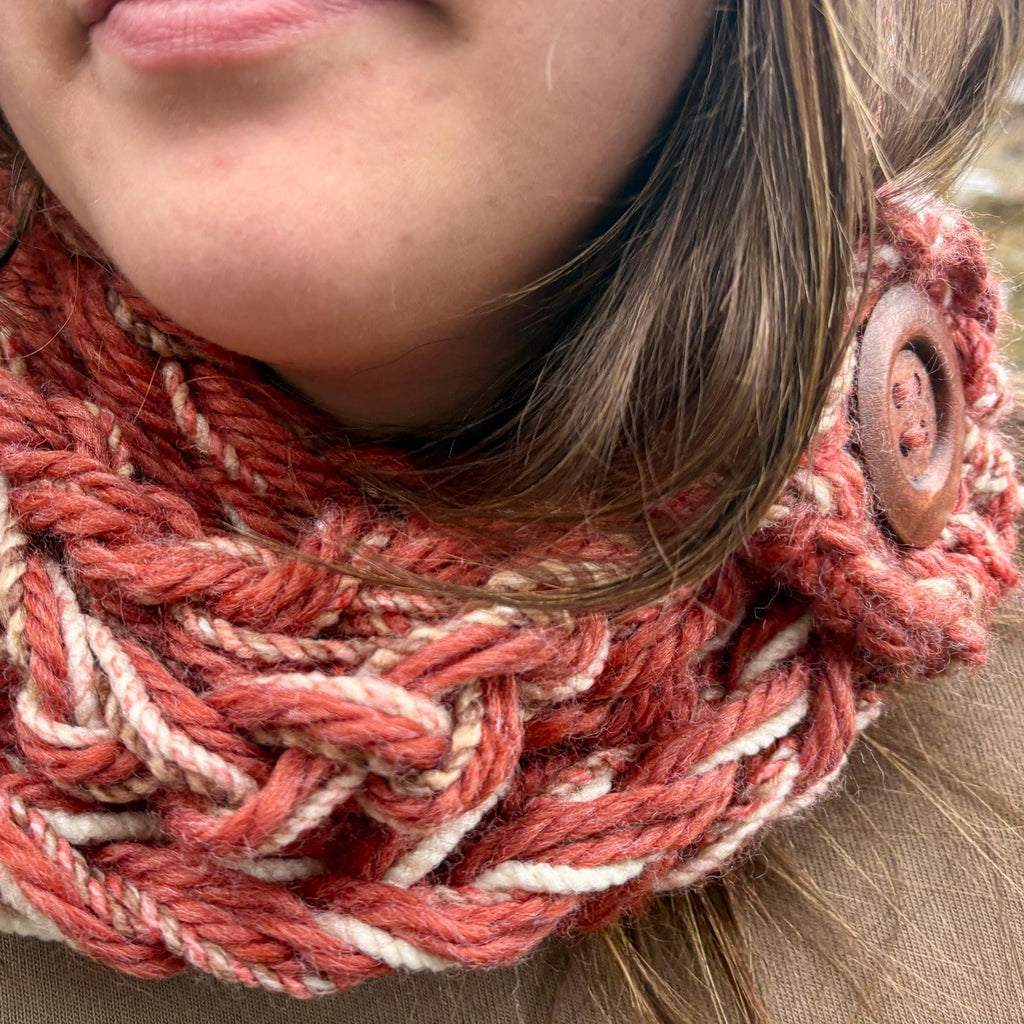 Burnt orange button scarf: beige and rust adjustable snood cowl