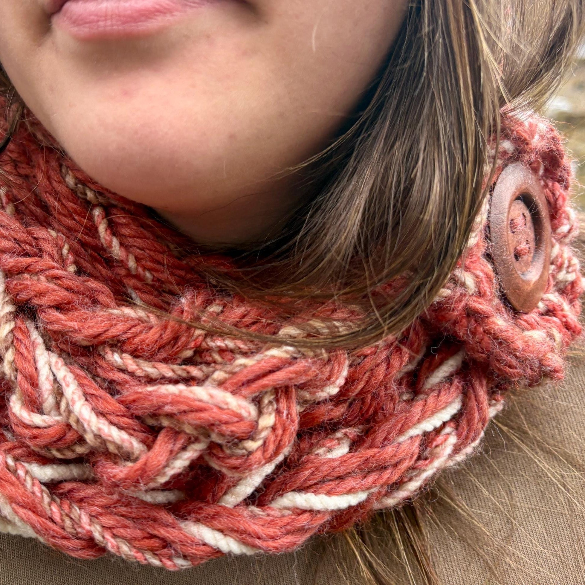 Burnt orange button scarf: beige and rust adjustable snood cowl