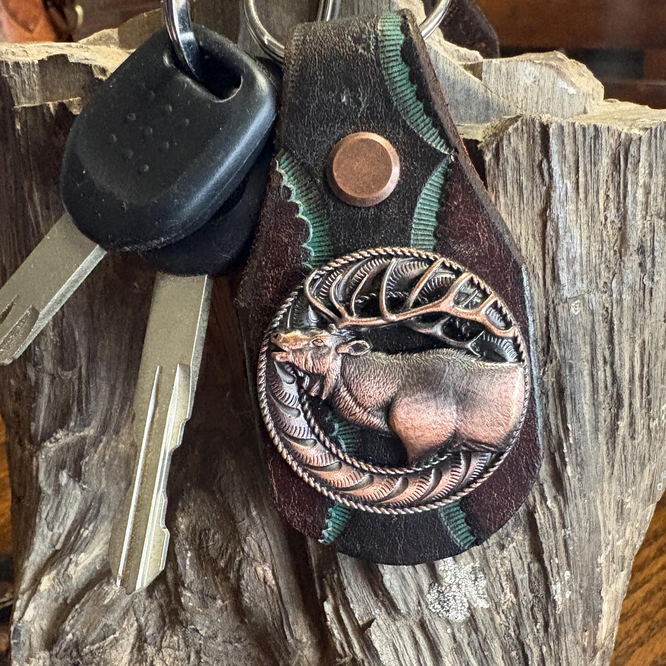Elk Keychain: Handmade Tooled Leather, Copper Concho, Western Style, Stagg